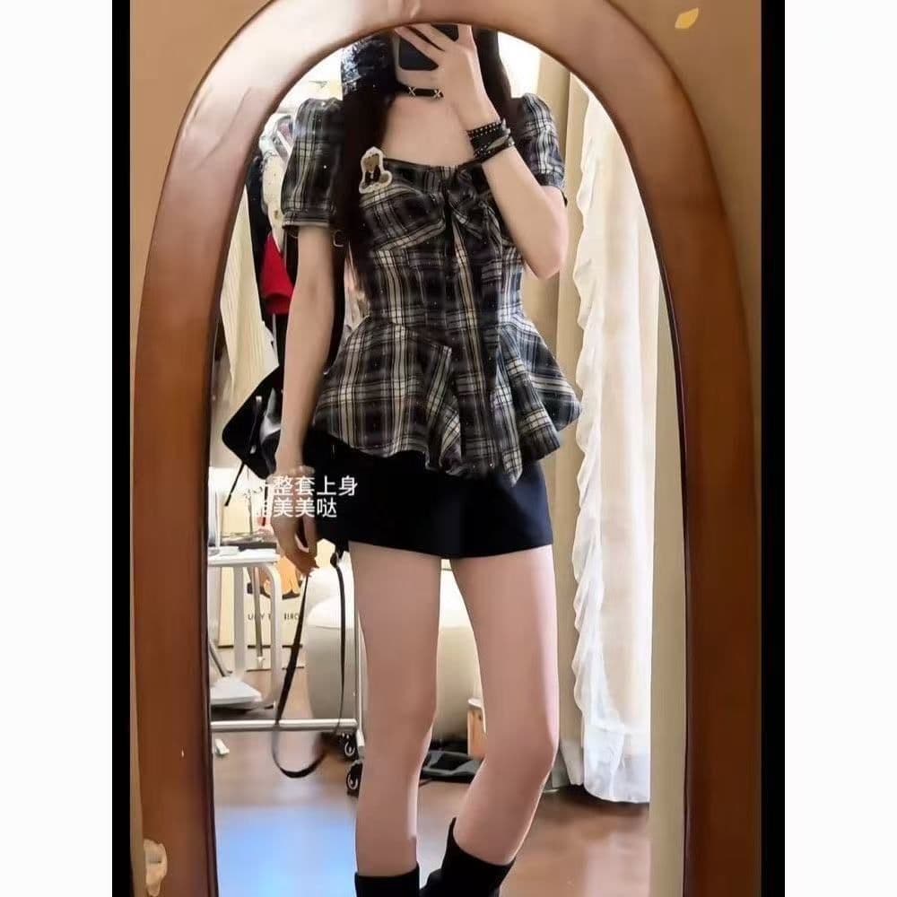 학원 한 부서 레트로 핫걸 슬림해 보이는 스타일 체크무늬 반팔 맨위 반바지 다용도 작은 대중 패션 세트 상세 이미지 7