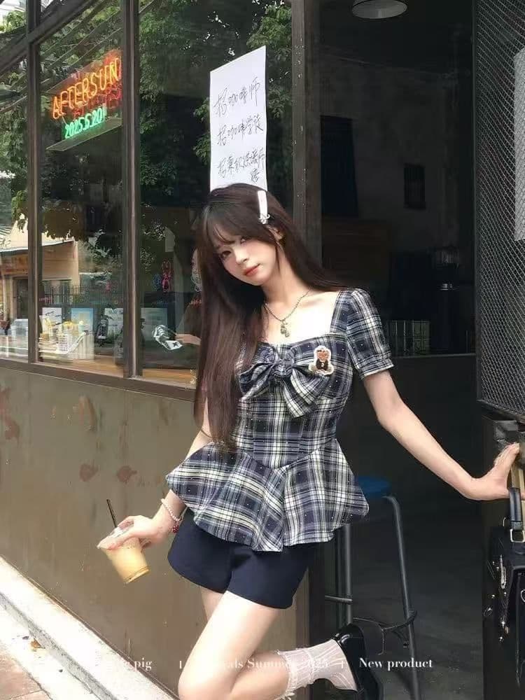 학원 한 부서 레트로 핫걸 슬림해 보이는 스타일 체크무늬 반팔 맨위 반바지 다용도 작은 대중 패션 세트 상세 이미지 8