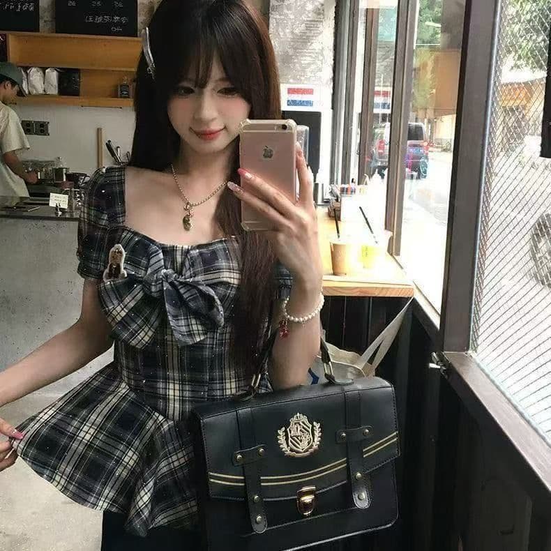 학원 한 부서 레트로 핫걸 슬림해 보이는 스타일 체크무늬 반팔 맨위 반바지 다용도 작은 대중 패션 세트 상세 이미지 9