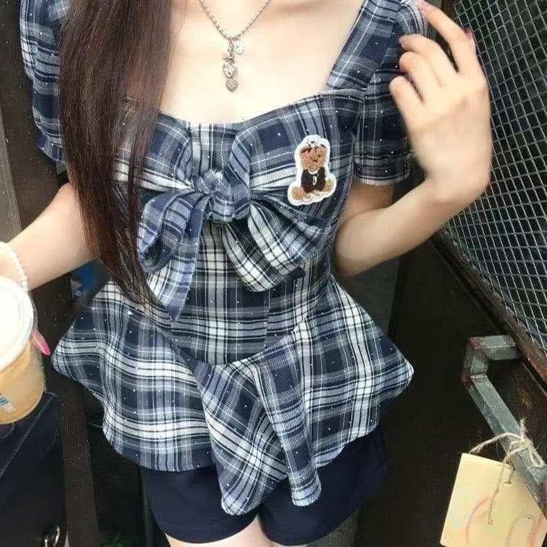 학원 한 부서 레트로 핫걸 슬림해 보이는 스타일 체크무늬 반팔 맨위 반바지 다용도 작은 대중 패션 세트 상세 이미지 10