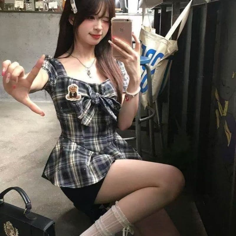 학원 한 부서 레트로 핫걸 슬림해 보이는 스타일 체크무늬 반팔 맨위 반바지 다용도 작은 대중 패션 세트 상세 이미지 11
