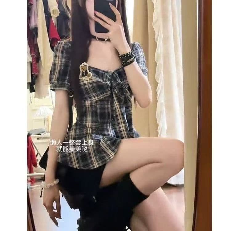 학원 한 부서 레트로 핫걸 슬림해 보이는 스타일 체크무늬 반팔 맨위 반바지 다용도 작은 대중 패션 세트 상세 이미지 12