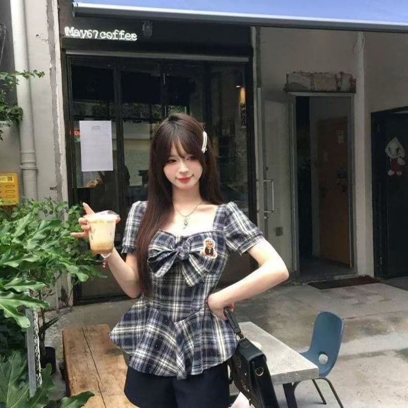 학원 한 부서 레트로 핫걸 슬림해 보이는 스타일 체크무늬 반팔 맨위 반바지 다용도 작은 대중 패션 세트 상세 이미지 13