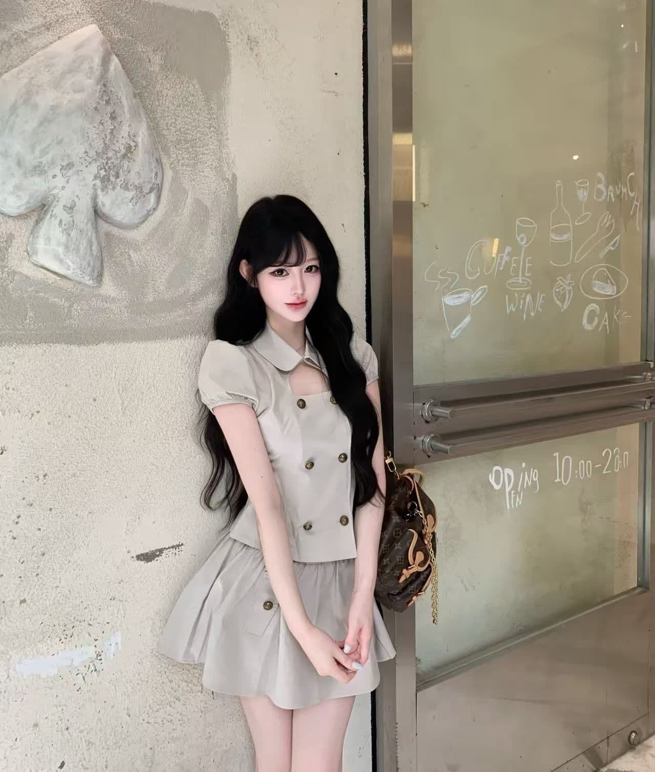 베이비 칼라 홀로우 아웃 셔츠 세트 여성 여름 레트로 거품 소매 이중 버튼 퍼프 미니 스커트 투피스 세트