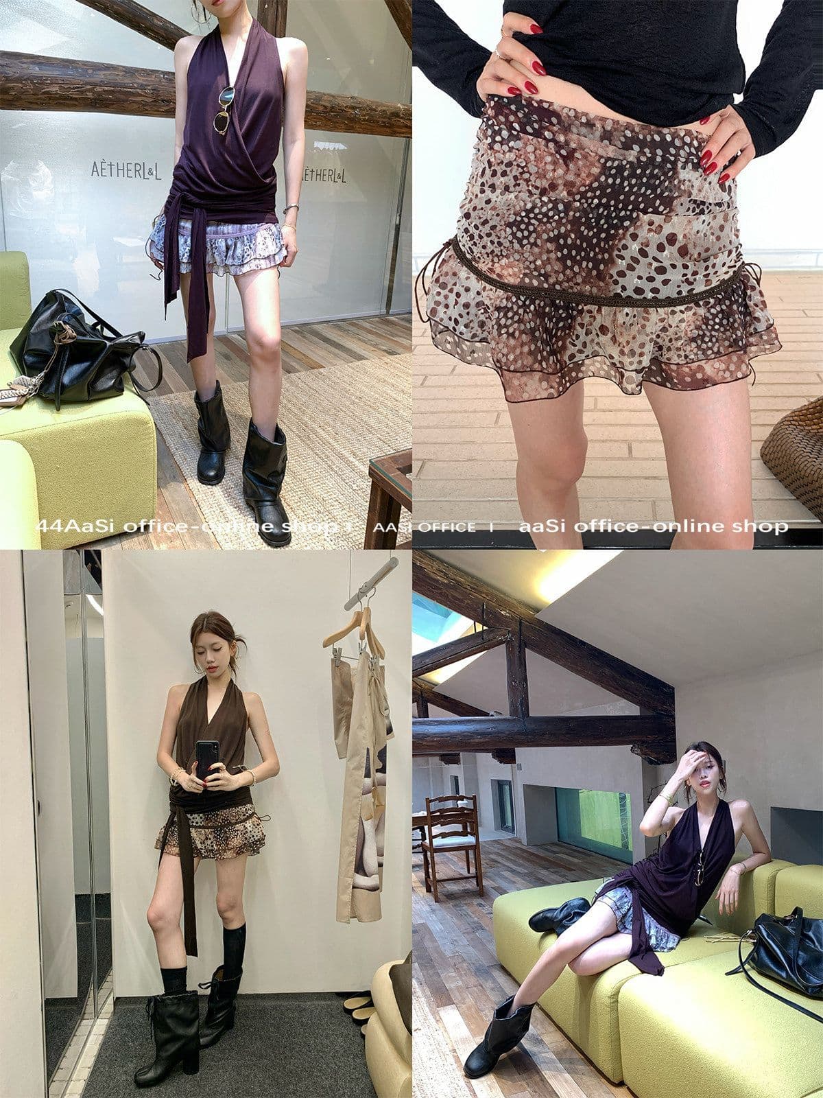프랑스식 품격 커피 색상 V넥 행침 목 민소매 캐미솔 2026 여름 디스플레이 레오파드 무늬 도트 무늬 미니 스커트 세트 이미지 4