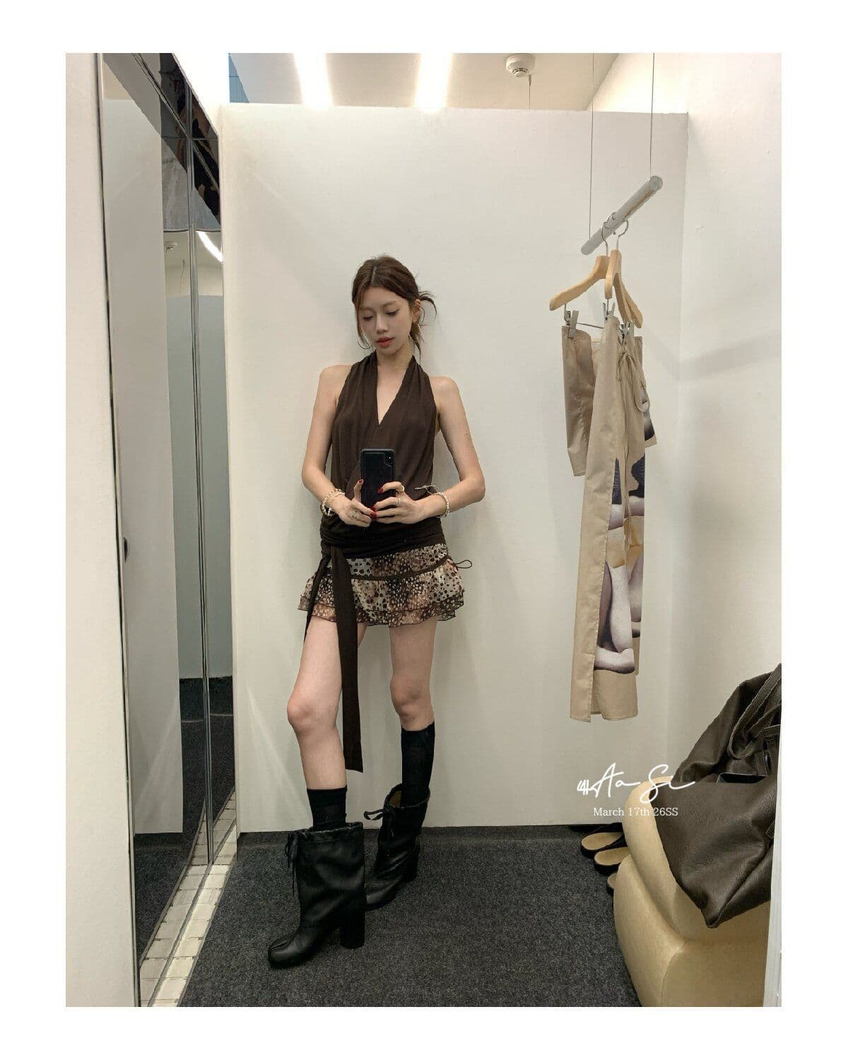 프랑스식 품격 커피 색상 V넥 행침 목 민소매 캐미솔 2026 여름 디스플레이 레오파드 무늬 도트 무늬 미니 스커트 세트 상세 이미지 5