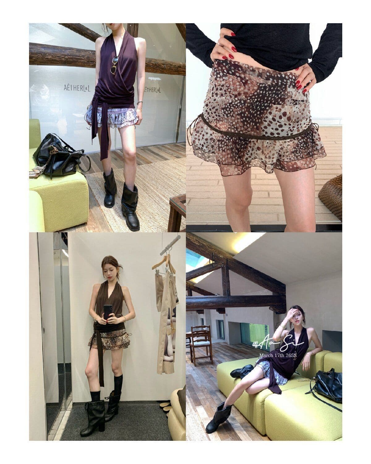 프랑스식 품격 커피 색상 V넥 행침 목 민소매 캐미솔 2026 여름 디스플레이 레오파드 무늬 도트 무늬 미니 스커트 세트 상세 이미지 19