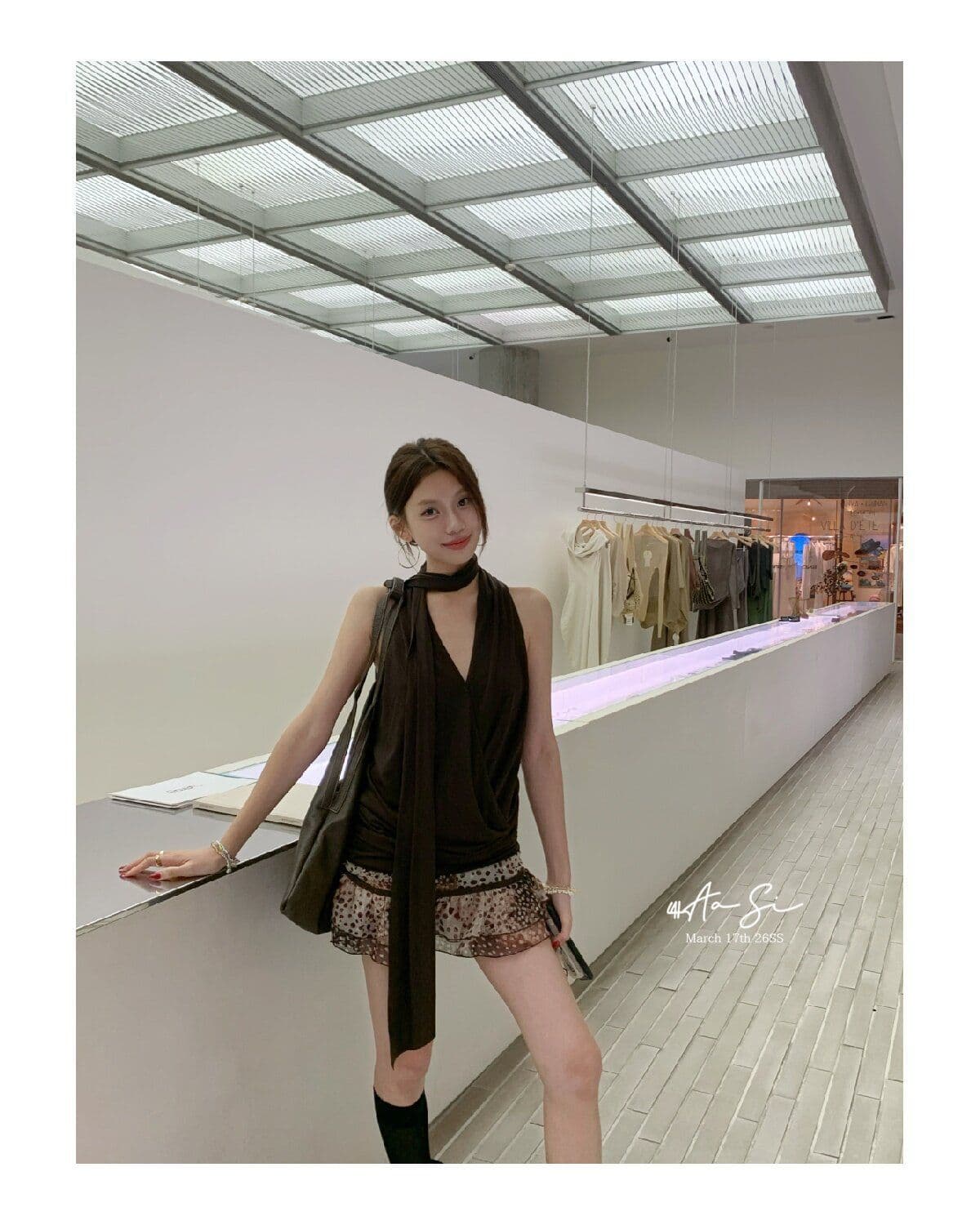 프랑스식 품격 커피 색상 V넥 행침 목 민소매 캐미솔 2026 여름 디스플레이 레오파드 무늬 도트 무늬 미니 스커트 세트 상세 이미지 22