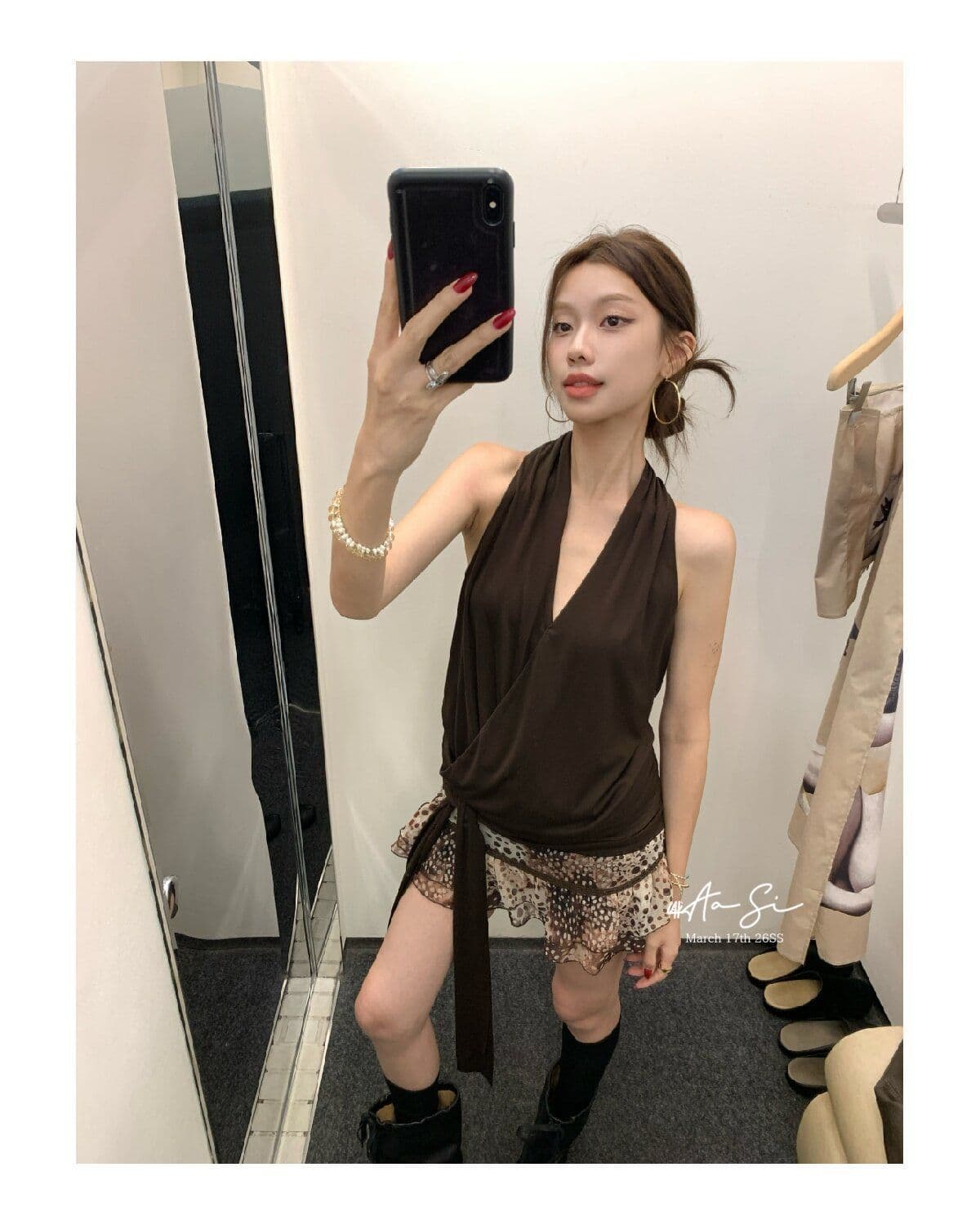 프랑스식 품격 커피 색상 V넥 행침 목 민소매 캐미솔 2026 여름 디스플레이 레오파드 무늬 도트 무늬 미니 스커트 세트 상세 이미지 27