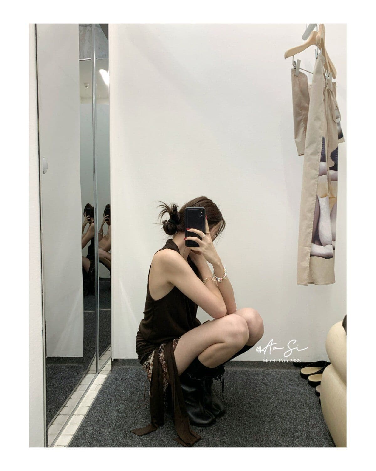 프랑스식 품격 커피 색상 V넥 행침 목 민소매 캐미솔 2026 여름 디스플레이 레오파드 무늬 도트 무늬 미니 스커트 세트 상세 이미지 28