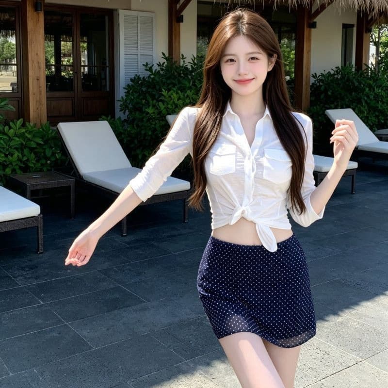 순면 대나무 마디 한 부서 폴로 칼라 허리 수축 5 점 소매 셔츠 도트 무늬 배색 한 마디 반신 스커트 여름 두 조각 여성 세트