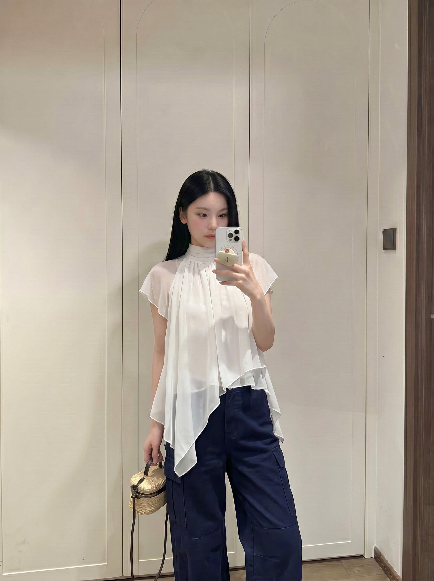 kumikumi 품격 새로운 반하이넥 프릴 여성 셔츠 여름 연령 감소 다용도 불규칙 반팔 맨위 상세 이미지 3