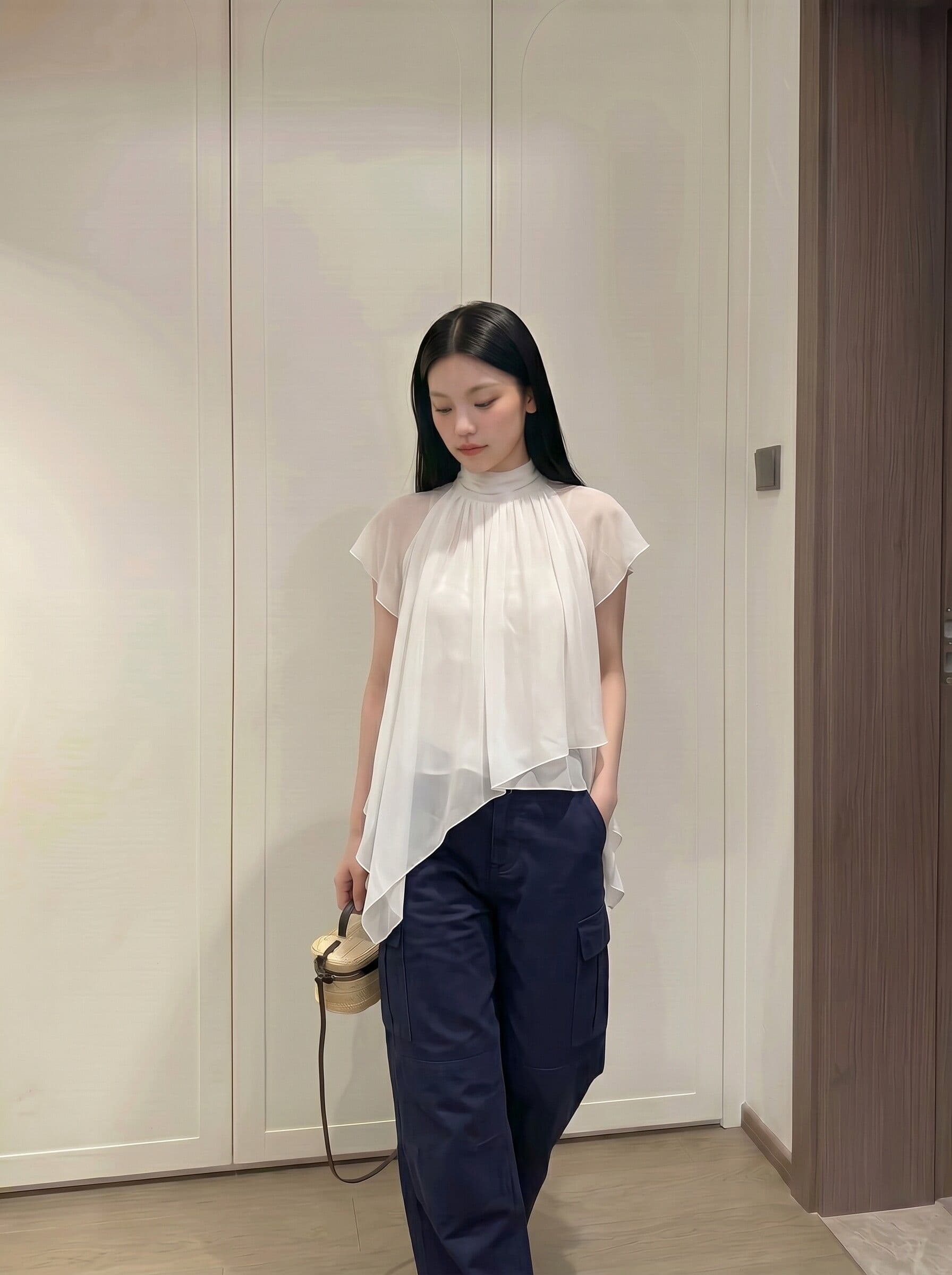 kumikumi 품격 새로운 반하이넥 프릴 여성 셔츠 여름 연령 감소 다용도 불규칙 반팔 맨위 상세 이미지 4