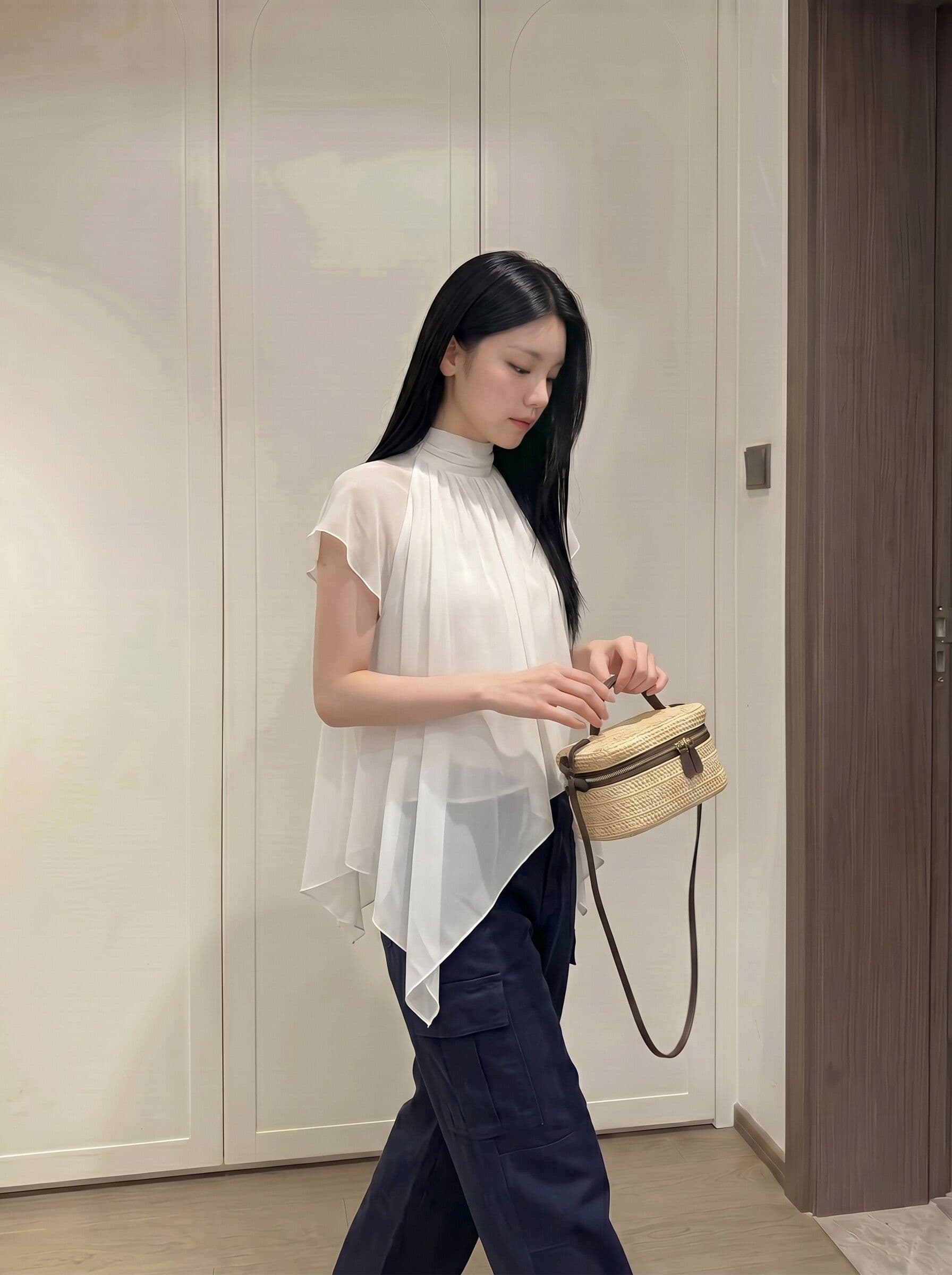 kumikumi 품격 새로운 반하이넥 프릴 여성 셔츠 여름 연령 감소 다용도 불규칙 반팔 맨위 상세 이미지 6
