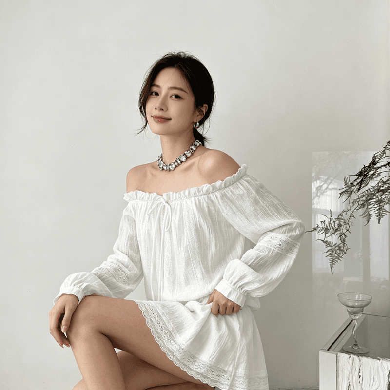 빈 하이 로밍 드레스 봄 여름 벌룬 소매 오프숄더 품격 허리 수축 고급 센스 레이스 조각 미니 스커트 투피스 세트 이미지 3