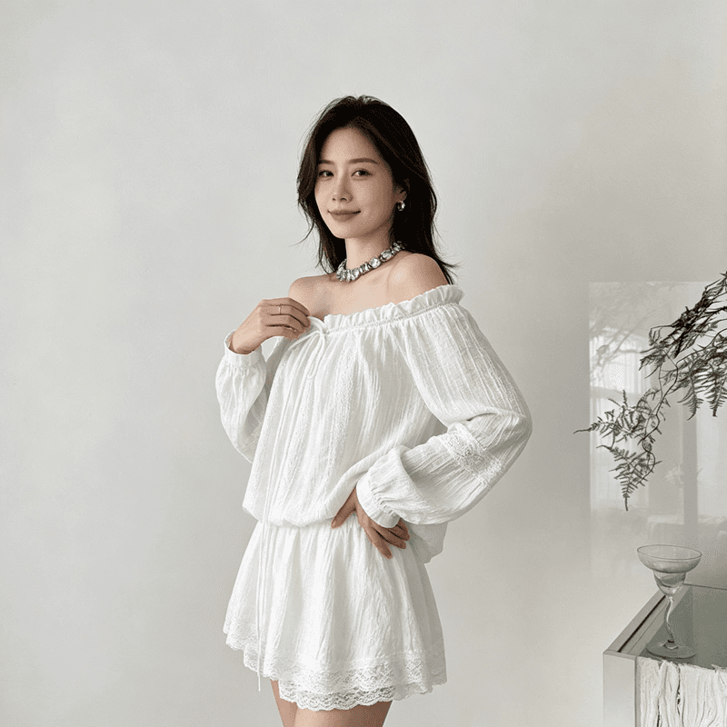 빈 하이 로밍 드레스 봄 여름 벌룬 소매 오프숄더 품격 허리 수축 고급 센스 레이스 조각 미니 스커트 투피스 세트 상세 이미지 1