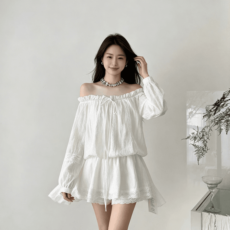 빈 하이 로밍 드레스 봄 여름 벌룬 소매 오프숄더 품격 허리 수축 고급 센스 레이스 조각 미니 스커트 투피스 세트 상세 이미지 7