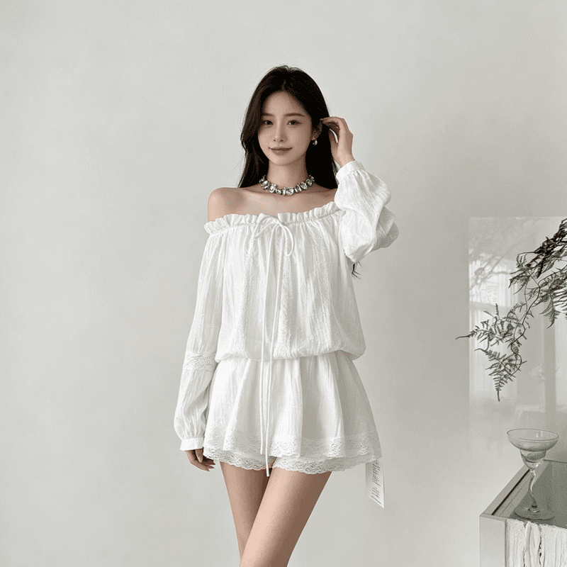 빈 하이 로밍 드레스 봄 여름 벌룬 소매 오프숄더 품격 허리 수축 고급 센스 레이스 조각 미니 스커트 투피스 세트 상세 이미지 8