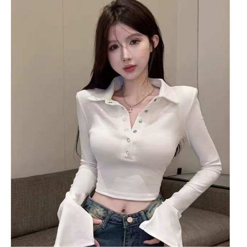 핫걸 POLO 칼라 긴팔 짧은 여성 슬림해 보이는 순수한 욕망 인사이드 가져 가라. 기본 셔츠 작은 대중 긴팔 티셔츠 여성