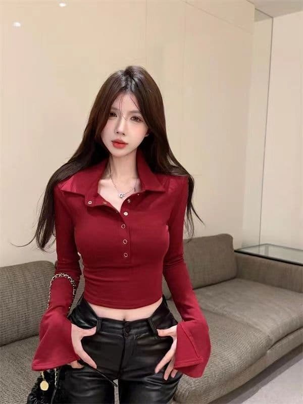 핫걸 POLO 칼라 긴팔 짧은 여성 슬림해 보이는 순수한 욕망 인사이드 가져 가라. 기본 셔츠 작은 대중 긴팔 티셔츠 여성 상세 이미지 16