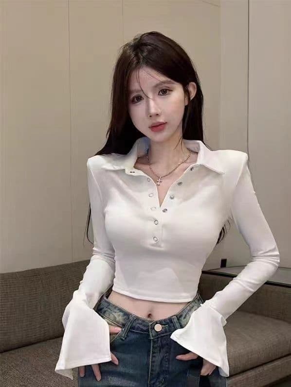 핫걸 POLO 칼라 긴팔 짧은 여성 슬림해 보이는 순수한 욕망 인사이드 가져 가라. 기본 셔츠 작은 대중 긴팔 티셔츠 여성 상세 이미지 18