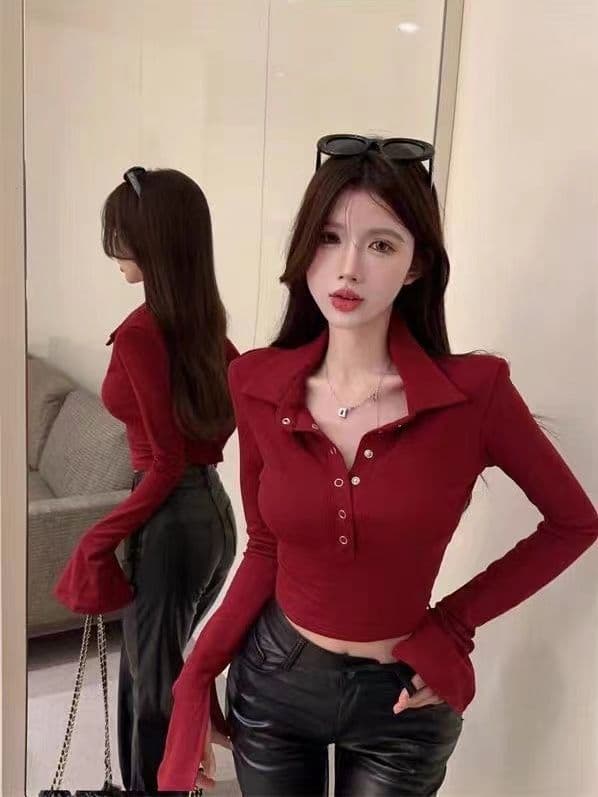 핫걸 POLO 칼라 긴팔 짧은 여성 슬림해 보이는 순수한 욕망 인사이드 가져 가라. 기본 셔츠 작은 대중 긴팔 티셔츠 여성 상세 이미지 22