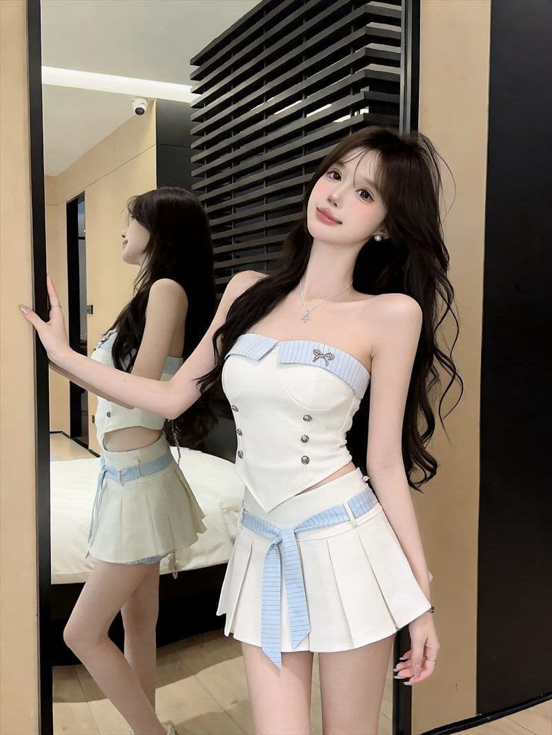 작은 샤넬 스타일 여성 달콤한 매운맛 배색 프릴 캐미솔 하이웨이스트 미니 스커트 투피스 세트 이미지 4