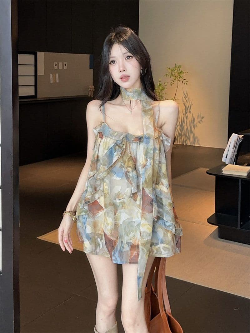 휴가 바람 프랑스식 낭만주의 꽃무늬 프릴 슬립 맨위 여성 여름 새로운 루즈핏 슬림해 보이는 분위기 센스 쉬폰 블라우스 이미지 3