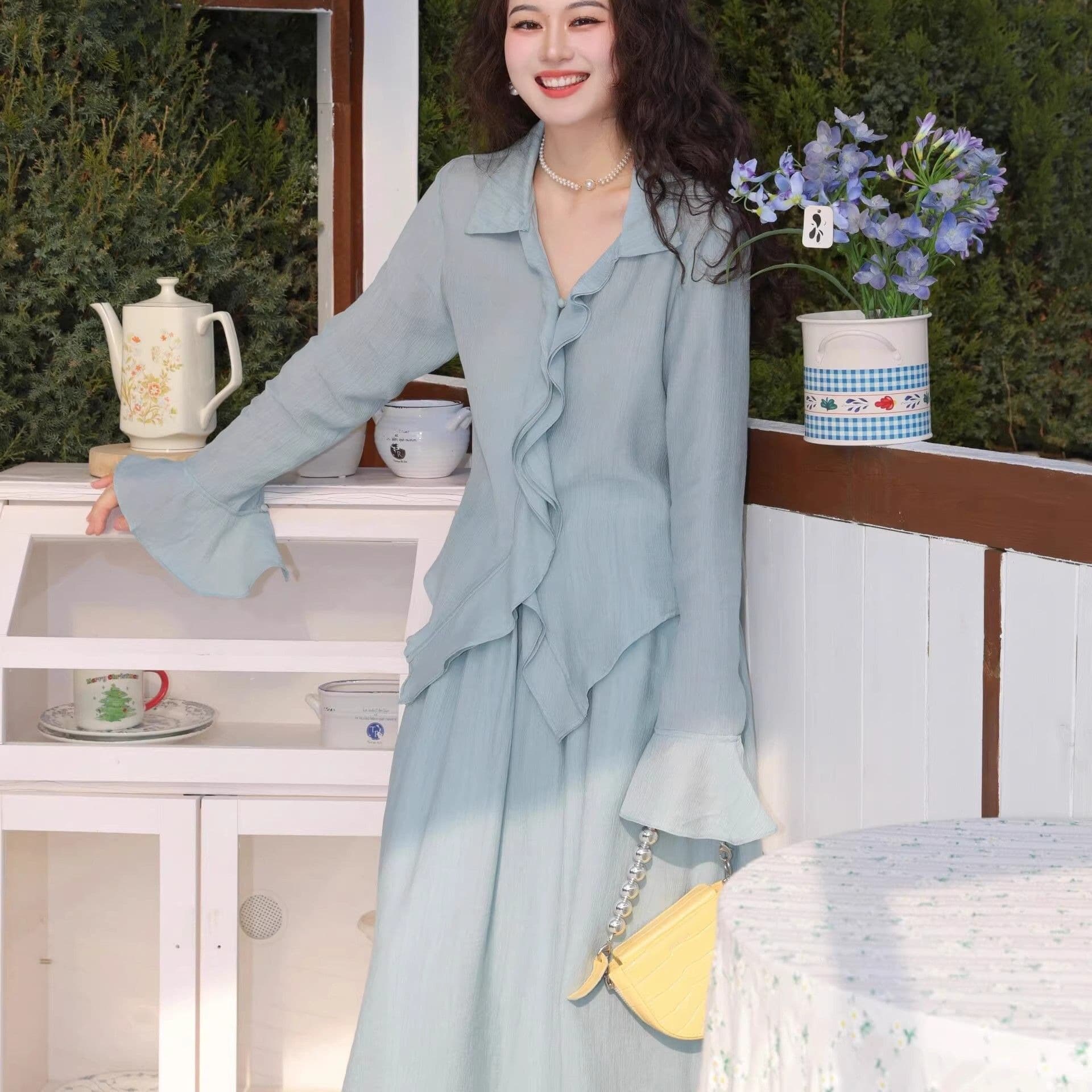 조기 가을 의상 프랑스식 부드러운 바람 긴팔 여성 드레스 여름 고급 센스 롱 스커트 투피스 슈트 이미지 5