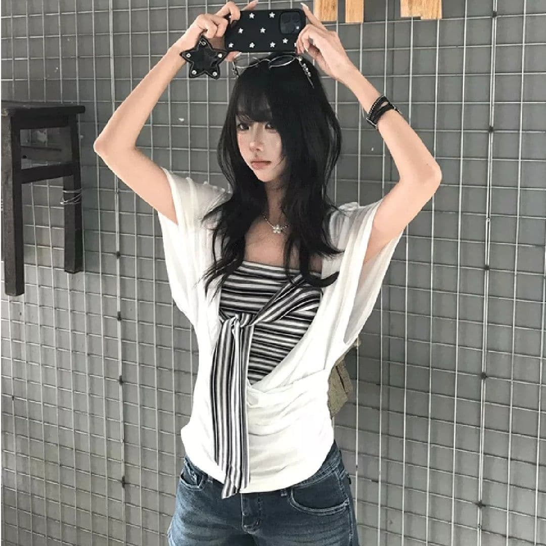 한 부서 배트윙 소매 반팔 티셔츠 블라우스 튜브탑 투피스 조끼 여성 여름 디자인 센스 작은 대중 그레이트 봐. 의류 이미지 5