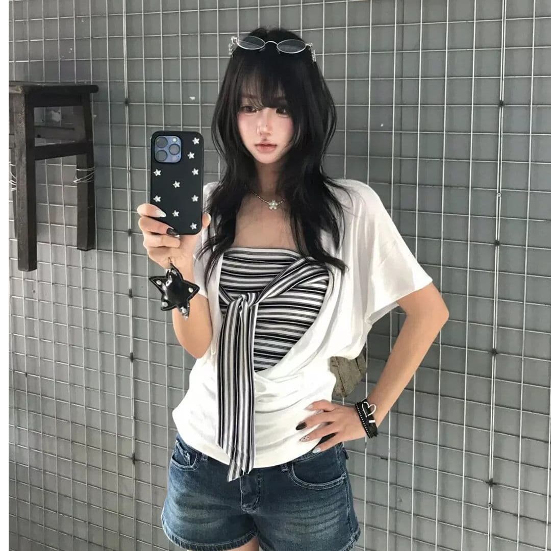 한 부서 배트윙 소매 반팔 티셔츠 블라우스 튜브탑 투피스 조끼 여성 여름 디자인 센스 작은 대중 그레이트 봐. 의류 이미지 4