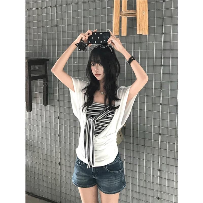 한 부서 배트윙 소매 반팔 티셔츠 블라우스 튜브탑 투피스 조끼 여성 여름 디자인 센스 작은 대중 그레이트 봐. 의류 상세 이미지 1