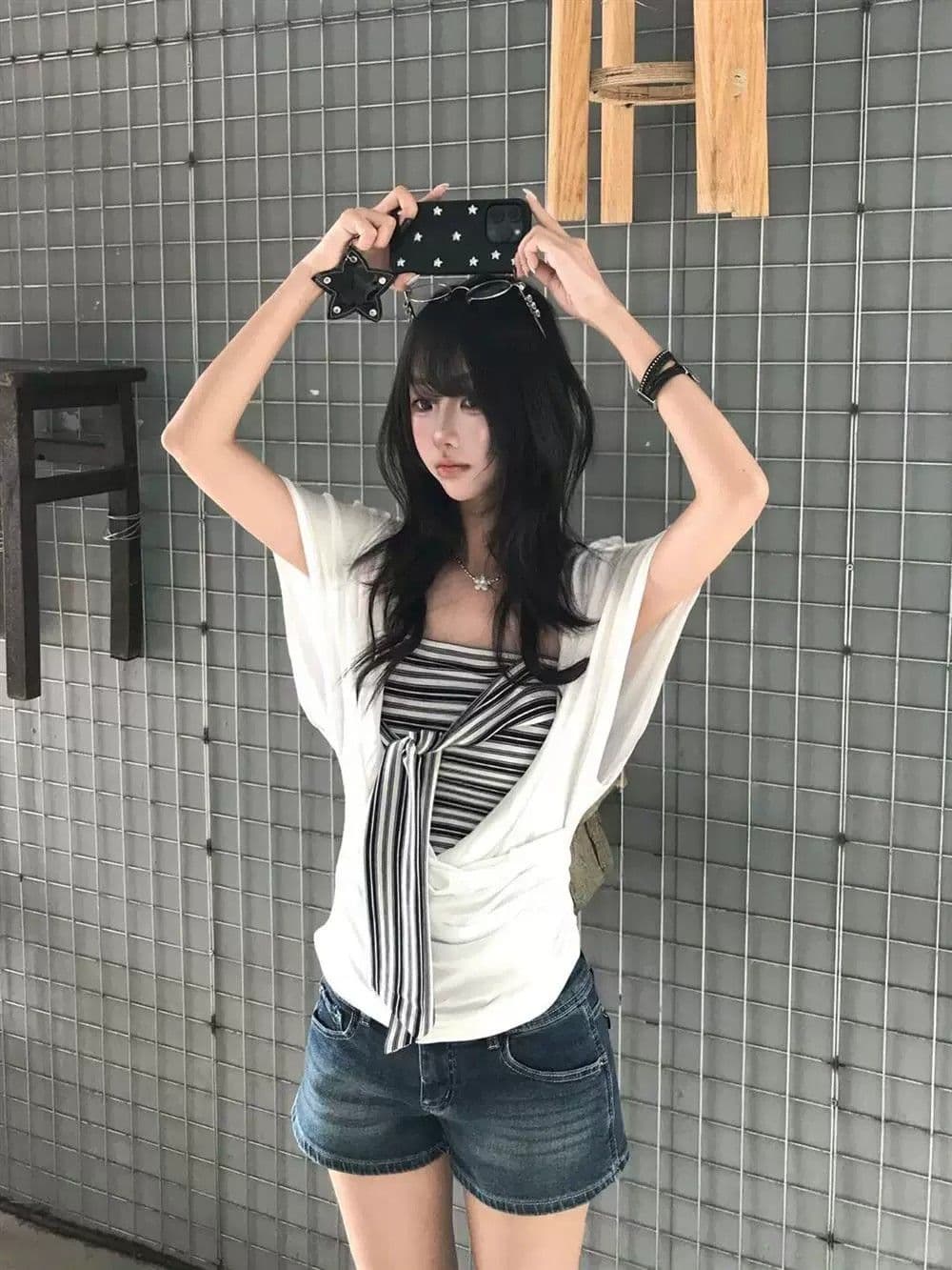 한 부서 배트윙 소매 반팔 티셔츠 블라우스 튜브탑 투피스 조끼 여성 여름 디자인 센스 작은 대중 그레이트 봐. 의류 상세 이미지 2