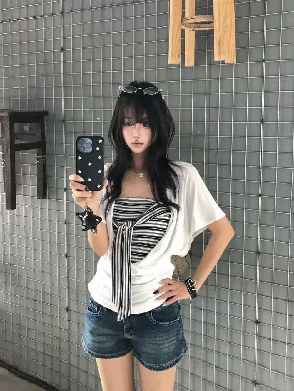 한 부서 배트윙 소매 반팔 티셔츠 블라우스 튜브탑 투피스 조끼 여성 여름 디자인 센스 작은 대중 그레이트 봐. 의류 상세 이미지 4
