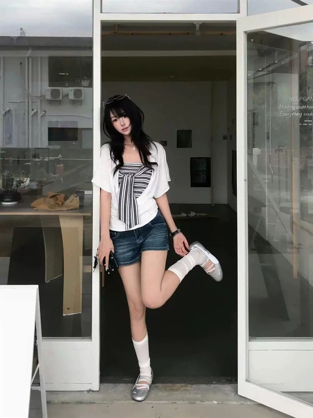 한 부서 배트윙 소매 반팔 티셔츠 블라우스 튜브탑 투피스 조끼 여성 여름 디자인 센스 작은 대중 그레이트 봐. 의류 상세 이미지 5