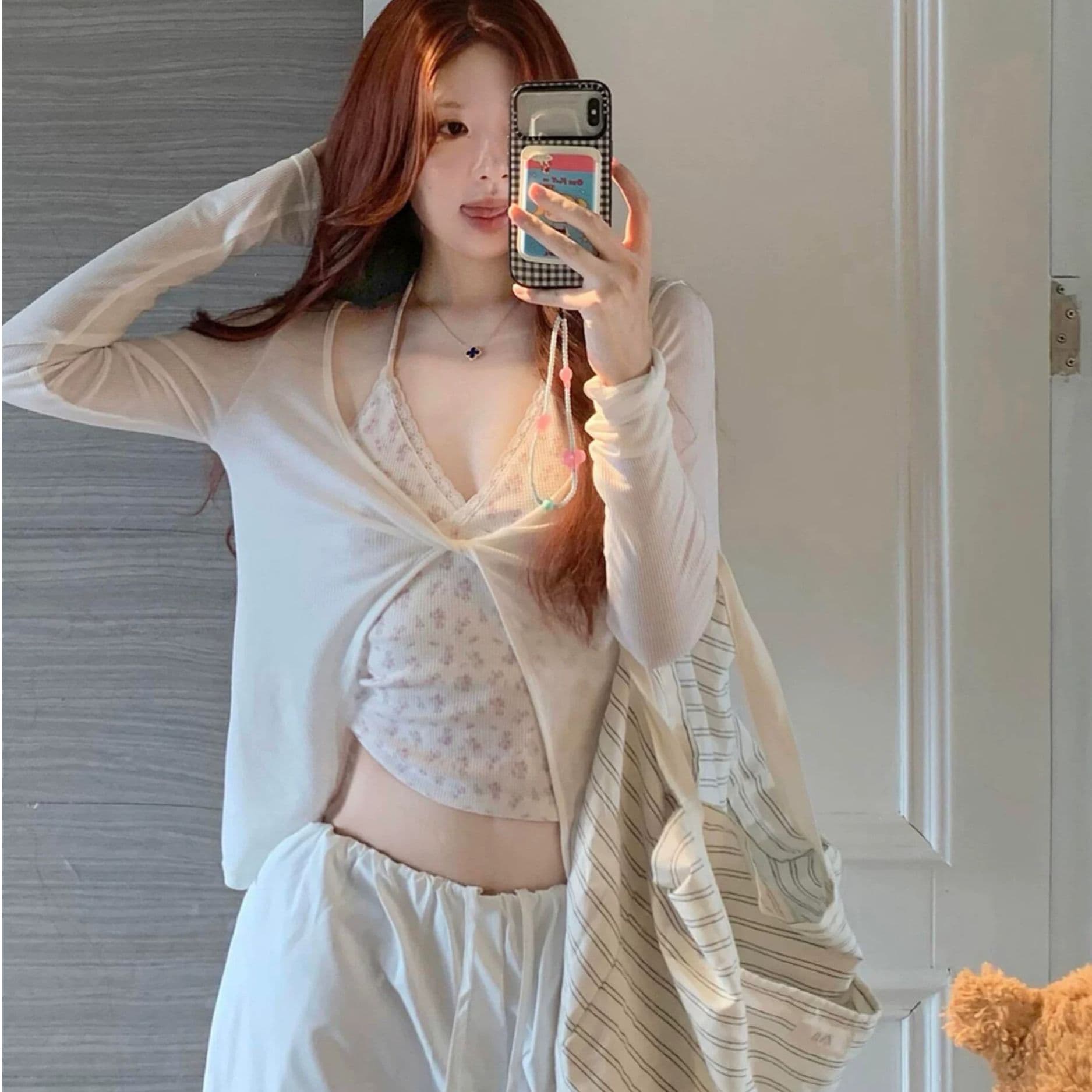 순수한 욕망 바람 핫걸 레이스 조각 꽃무늬 행침 목 레이스업 슬립 얇은 스타일 비틀림 라운드 넥 긴팔 오픈 가디건 투피스 세트 이미지 5