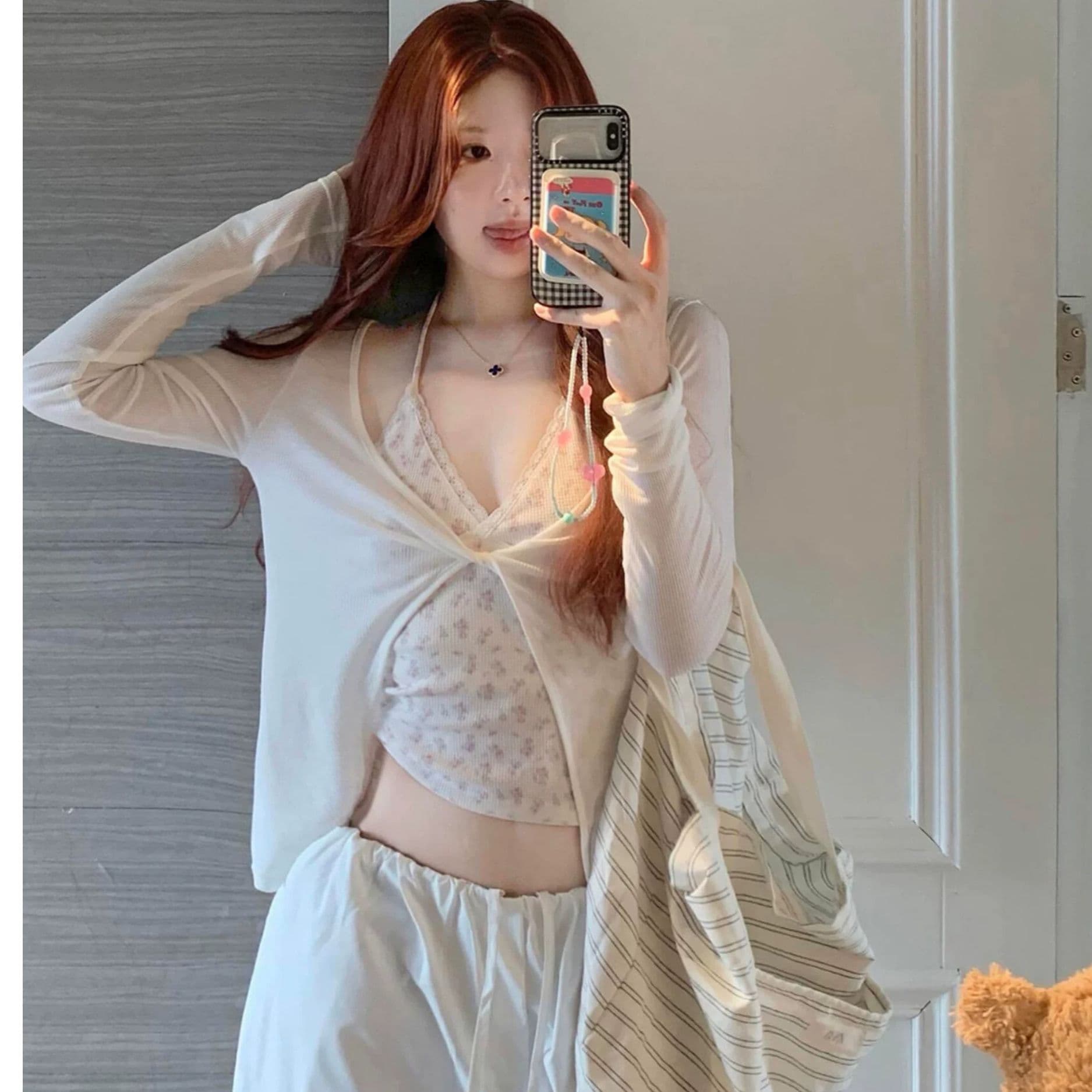순수한 욕망 바람 핫걸 레이스 조각 꽃무늬 행침 목 레이스업 슬립 얇은 스타일 비틀림 라운드 넥 긴팔 오픈 가디건 투피스 세트 이미지 4
