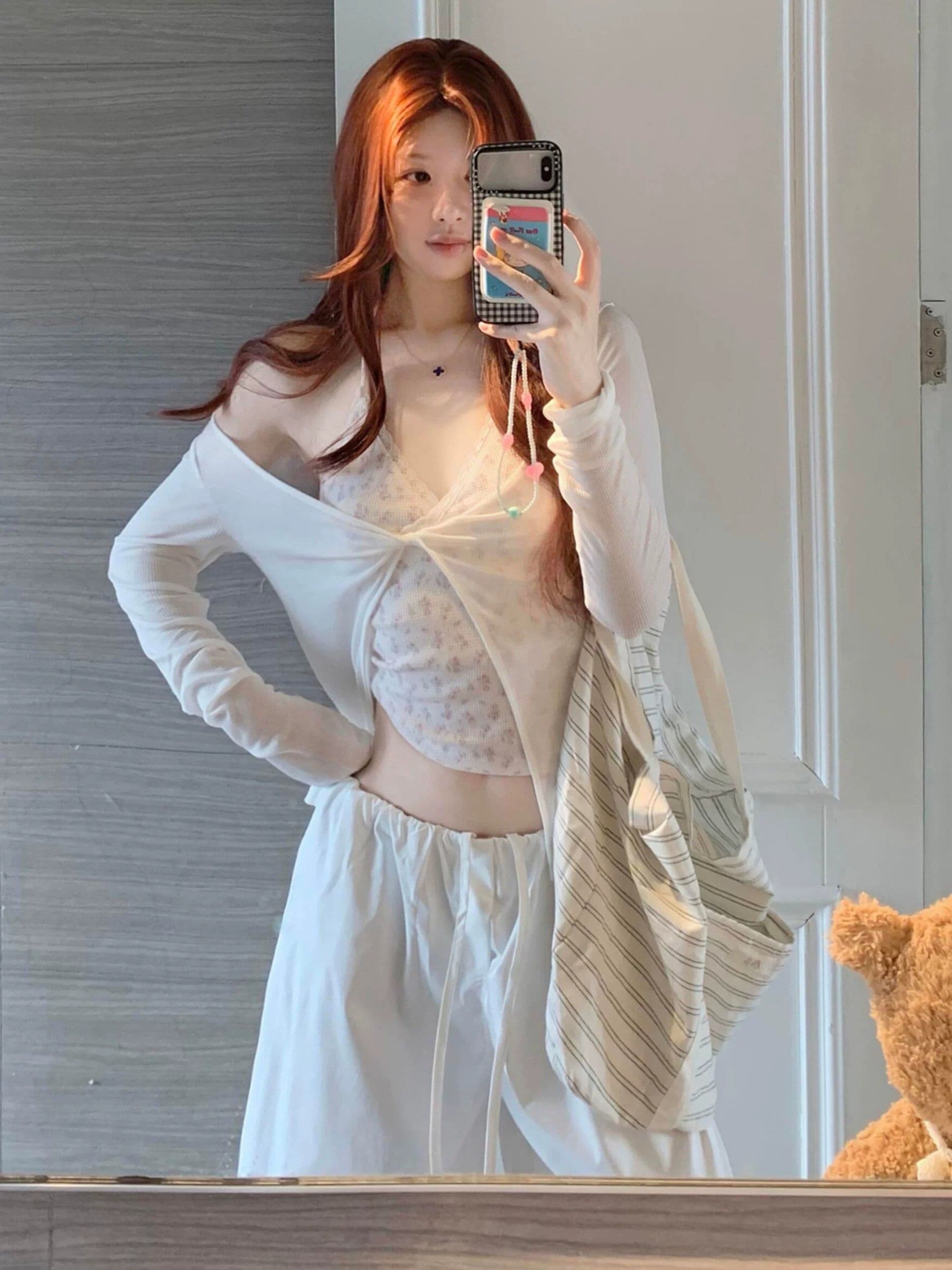 순수한 욕망 바람 핫걸 레이스 조각 꽃무늬 행침 목 레이스업 슬립 얇은 스타일 비틀림 라운드 넥 긴팔 오픈 가디건 투피스 세트 상세 이미지 7