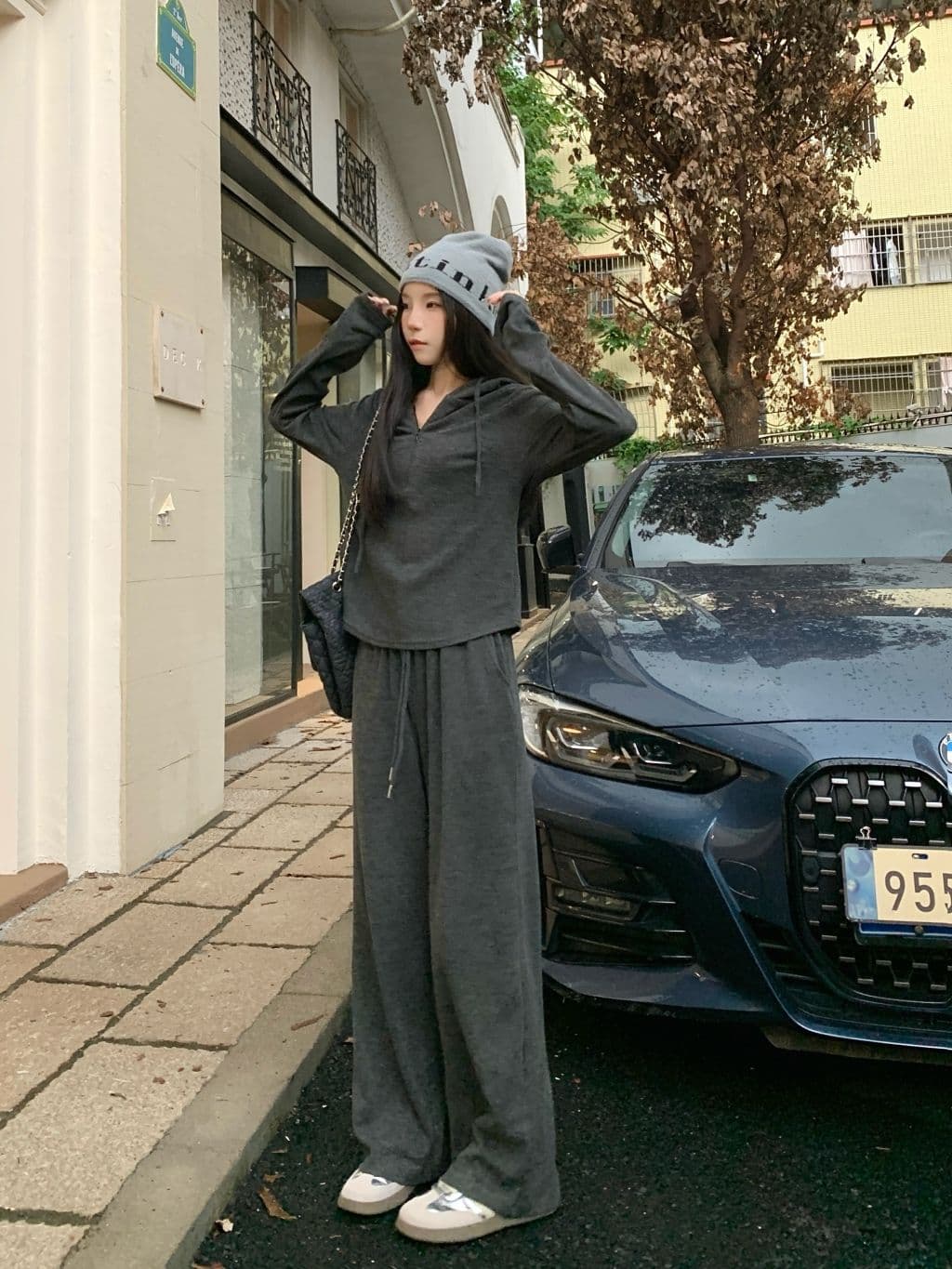 빅 사이즈 여성 의류 패션 스포츠 슈트 여성 가을 후드 슬림해 보이는 품격 하이웨이스트 표지 넓적 다리 와이드 레그 팬츠 세트 상세 이미지 10
