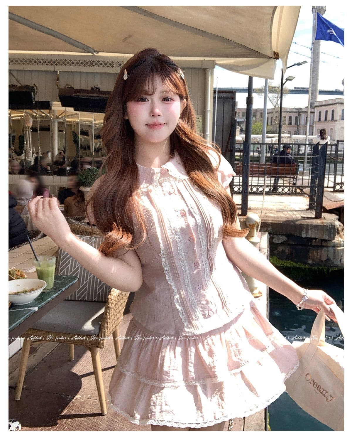 애니 아니요 화재 소녀 센스 베이비 칼라 셔츠 케이크 드레스 세트 그룹 여성 마이크로 지방 빅 사이즈 핑크색 슬림해 보이는 투피스 세트