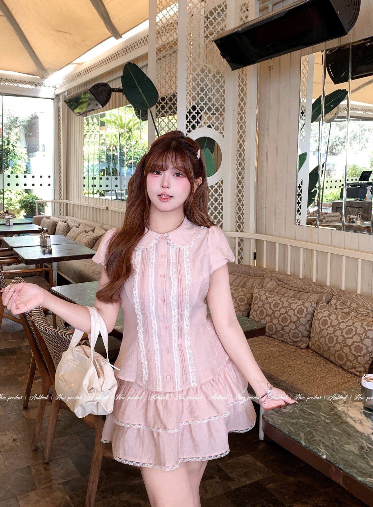 애니 아니요 화재 소녀 센스 베이비 칼라 셔츠 케이크 드레스 세트 그룹 여성 마이크로 지방 빅 사이즈 핑크색 슬림해 보이는 투피스 세트 상세 이미지 2