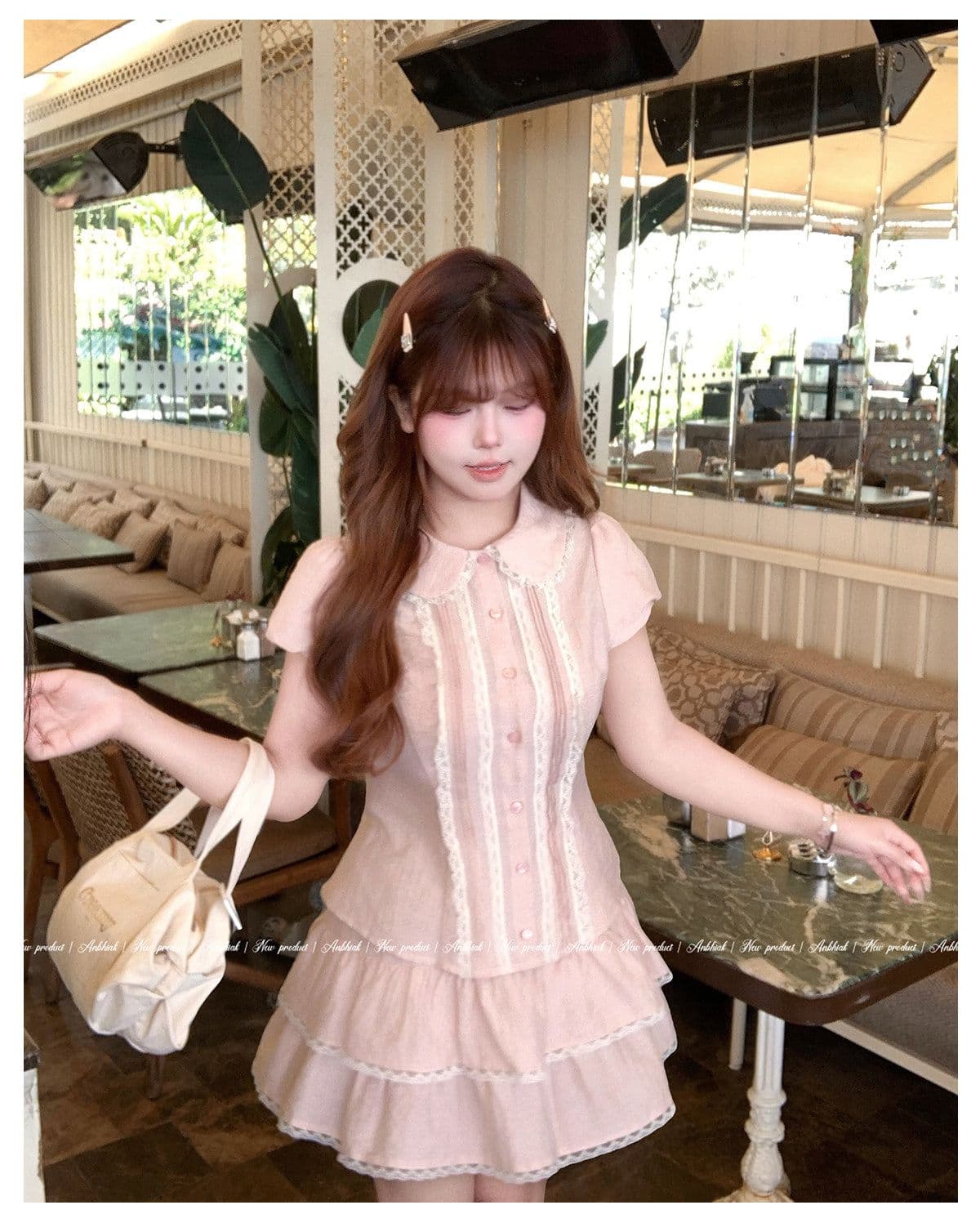애니 아니요 화재 소녀 센스 베이비 칼라 셔츠 케이크 드레스 세트 그룹 여성 마이크로 지방 빅 사이즈 핑크색 슬림해 보이는 투피스 세트 상세 이미지 8