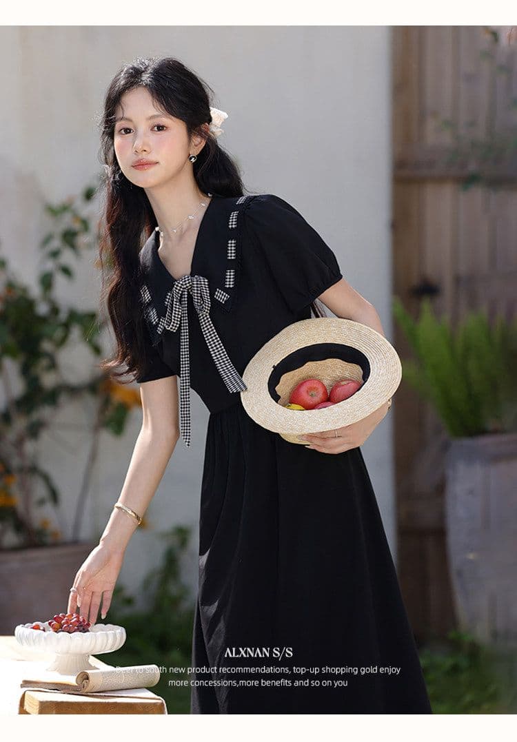블랙 숙련 된 격자 학원 스타일 검정색 여성 드레스 여름 새로운 프랑스식 롱 스커트 품격 치마 이미지 3
