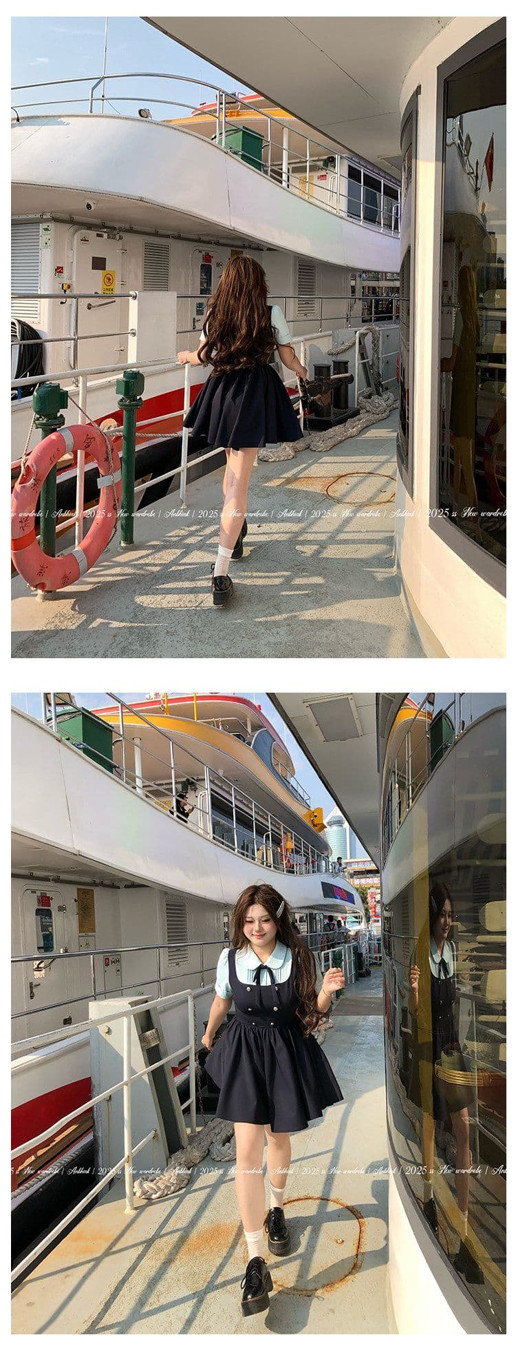 애니 아니요 화재 해상 암호 영국식 학원 스타일 배색 여성 드레스 마이크로 지방 빅 사이즈 허리 수축 페이크 레이어드 치마 상세 이미지 14