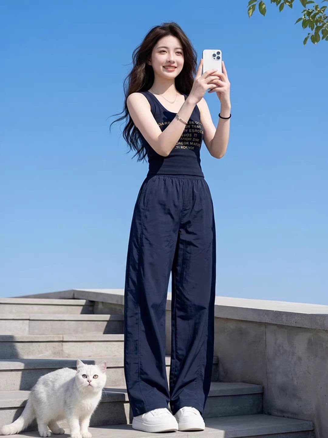 여름 연령 감소 패션 세트 여성 알파벳 프린트 몸매 가꾸기 슬림해 보이는 캐미솔 하이웨이스트 속도 건조한 바지 투피스 세트 이미지 2