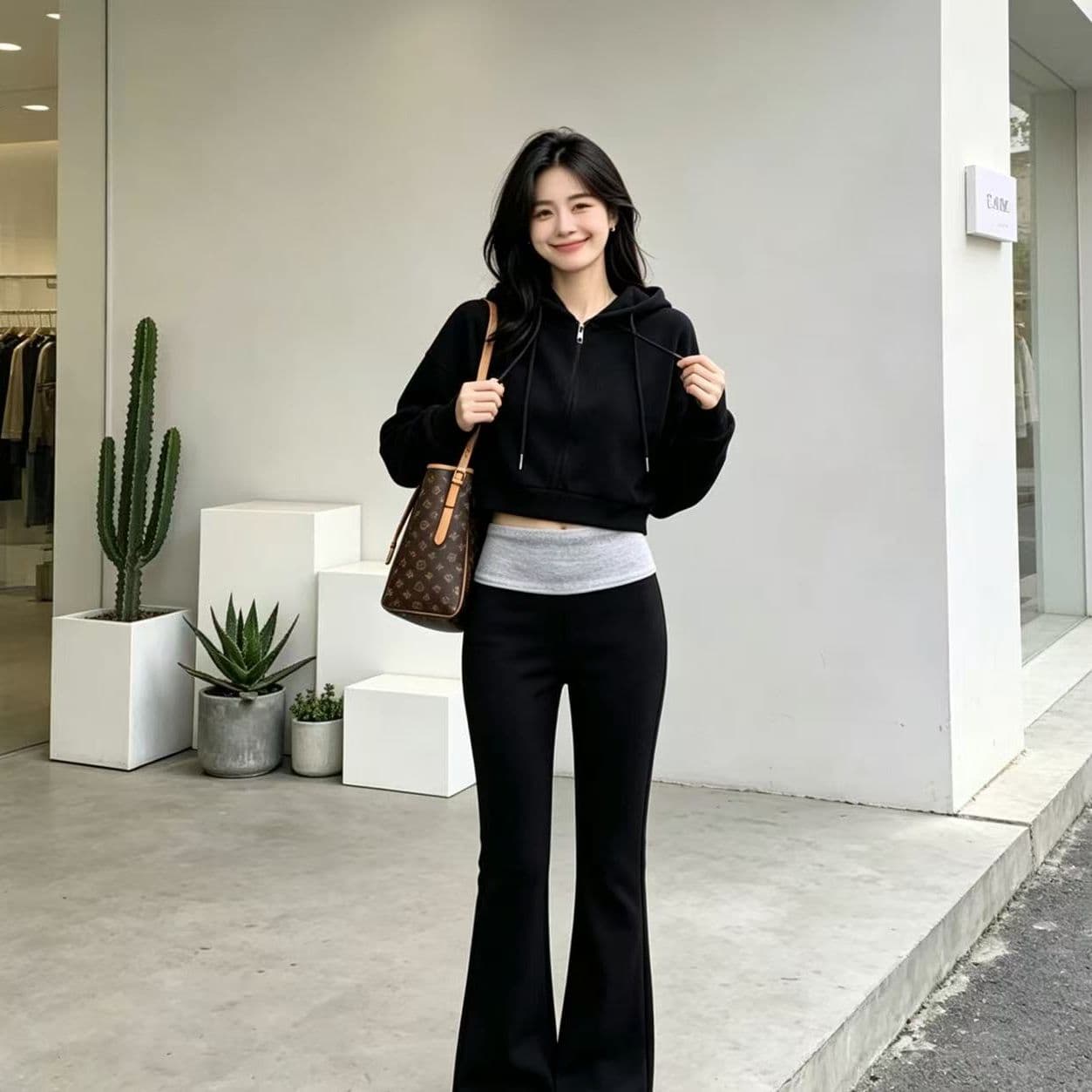 캐주얼 세트 레트로 느긋한 후드 긴팔 후드티 여성 코트 가을 겨울 착용 가져 가라. 배색 마이크로 나팔 바지 투피스 세트 이미지 2
