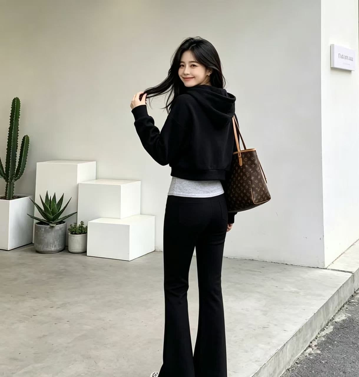 캐주얼 세트 레트로 느긋한 후드 긴팔 후드티 여성 코트 가을 겨울 착용 가져 가라. 배색 마이크로 나팔 바지 투피스 세트 상세 이미지 4