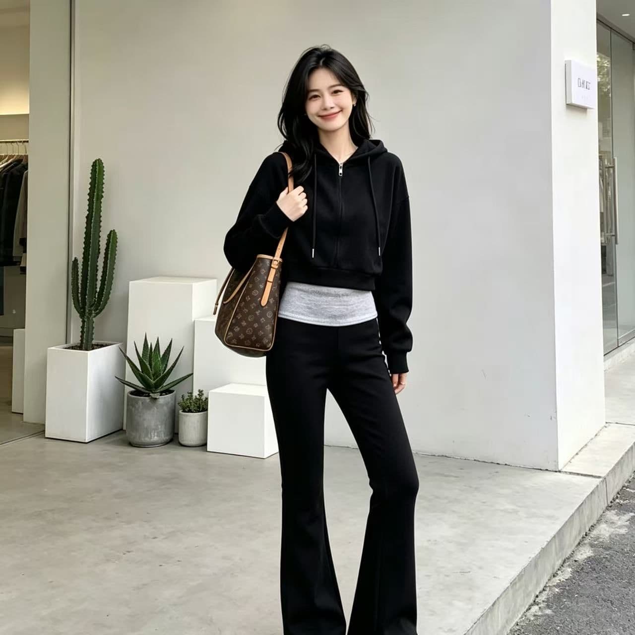 캐주얼 세트 레트로 느긋한 후드 긴팔 후드티 여성 코트 가을 겨울 착용 가져 가라. 배색 마이크로 나팔 바지 투피스 세트 상세 이미지 5