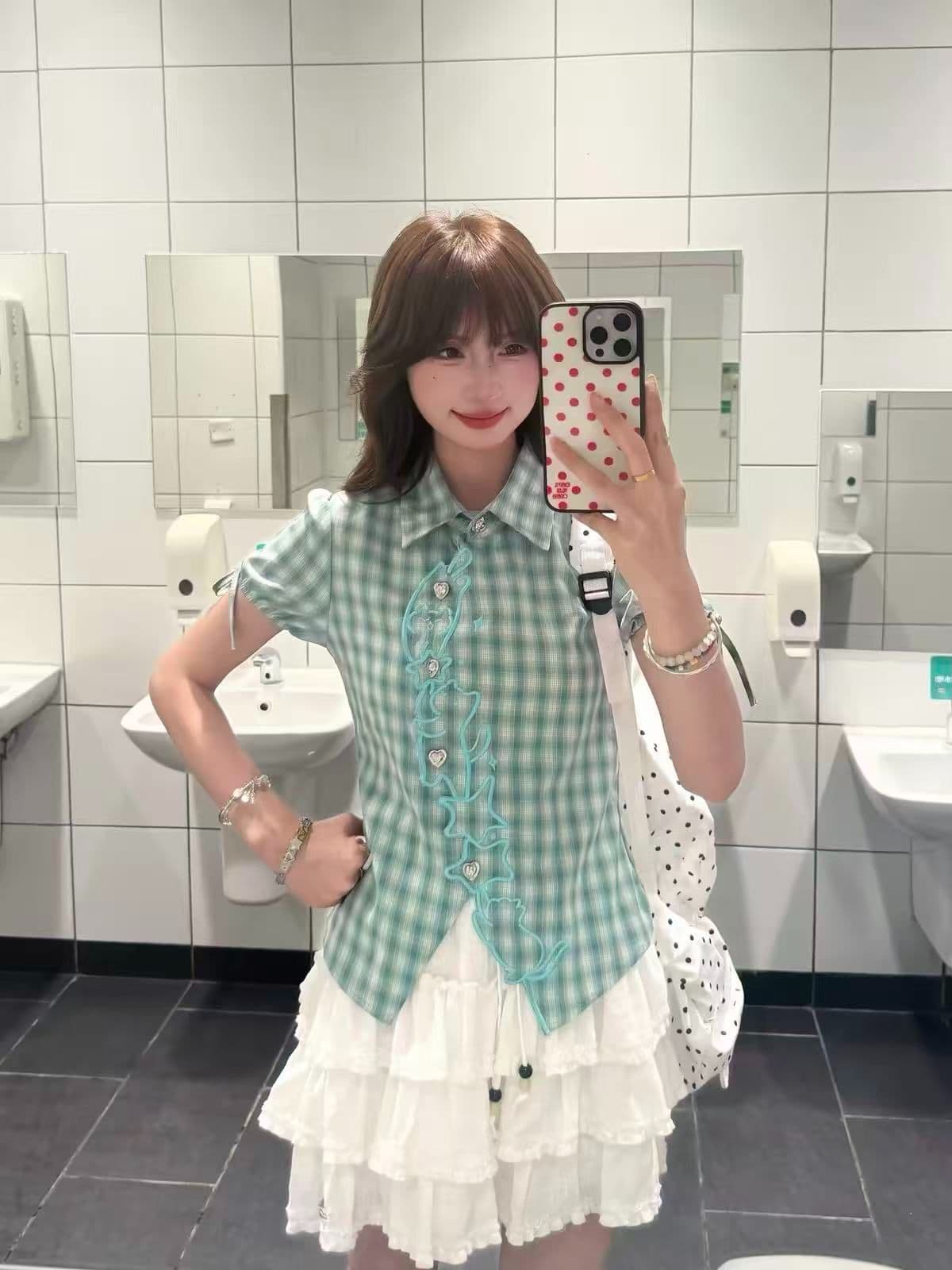 자수 새끼 고양이 체크무늬 반팔 여성 셔츠 여름 몸매 가꾸기 슬림해 보이는 학원 거품 소매 핫걸 맨위 상세 이미지 3