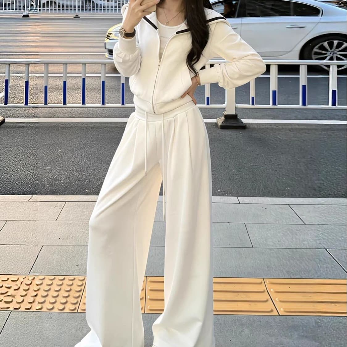 캐주얼 스포츠 슈트 여성 봄 가을 새로운 패션 외국 가스 후드 티 스웨터 와이드 레그 팬츠 투피스 세트 트렌디 이미지 5
